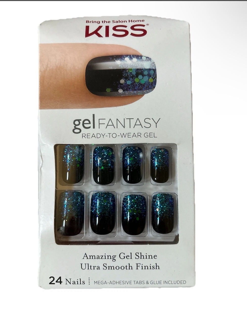 KISS Gel Fantasy Ready-to-Wear Artificial Nails - Black Blue Glitter Medium